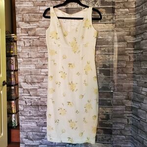 Lynn Lugo Linen Floral Midi Dress Bodycon Sleeves Classy Formal 60s Retro Size 8